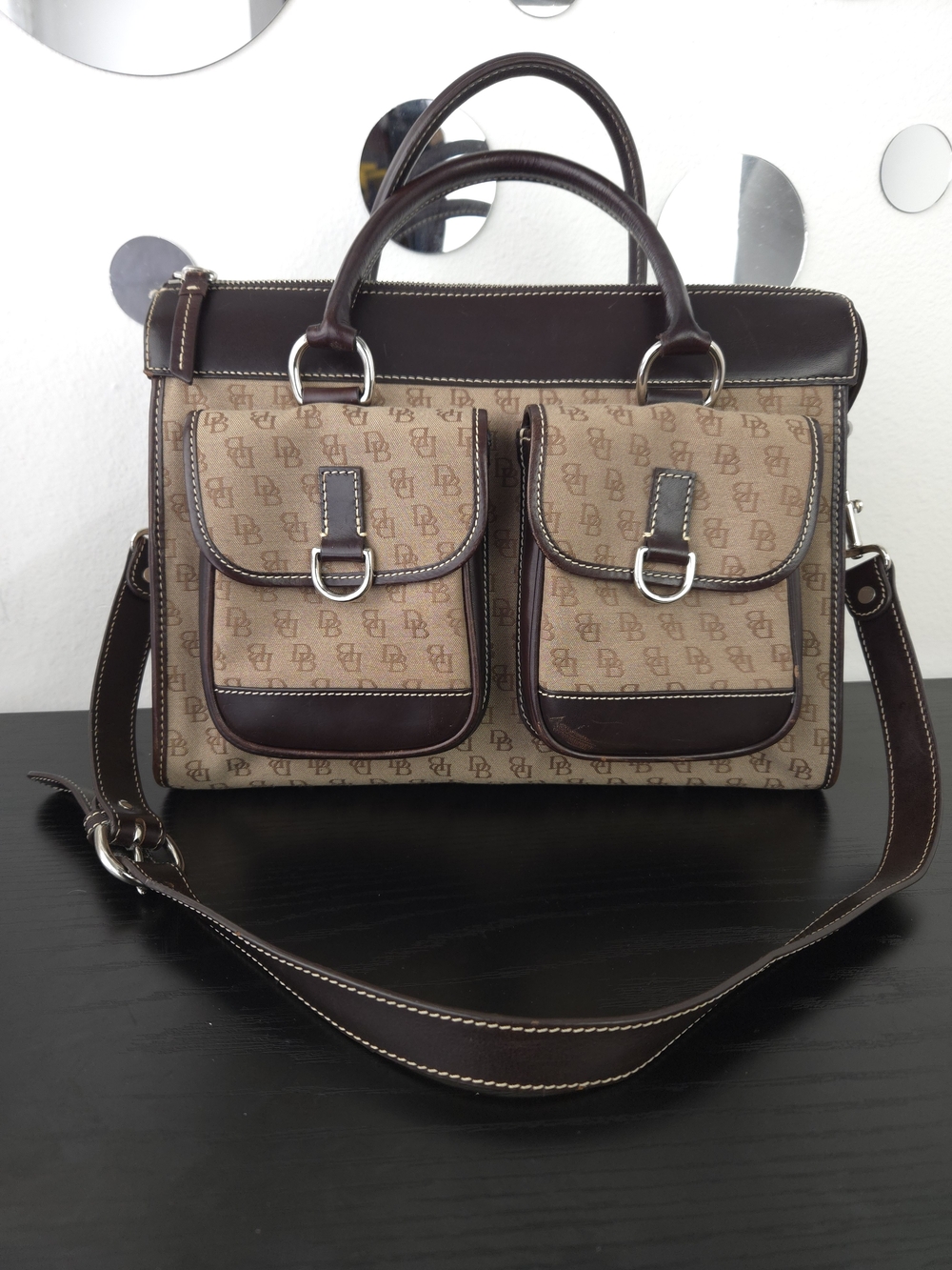Vintage Dooney & Bourke Signature Monogram Canvas Satchel Double Pocket Tote Bag